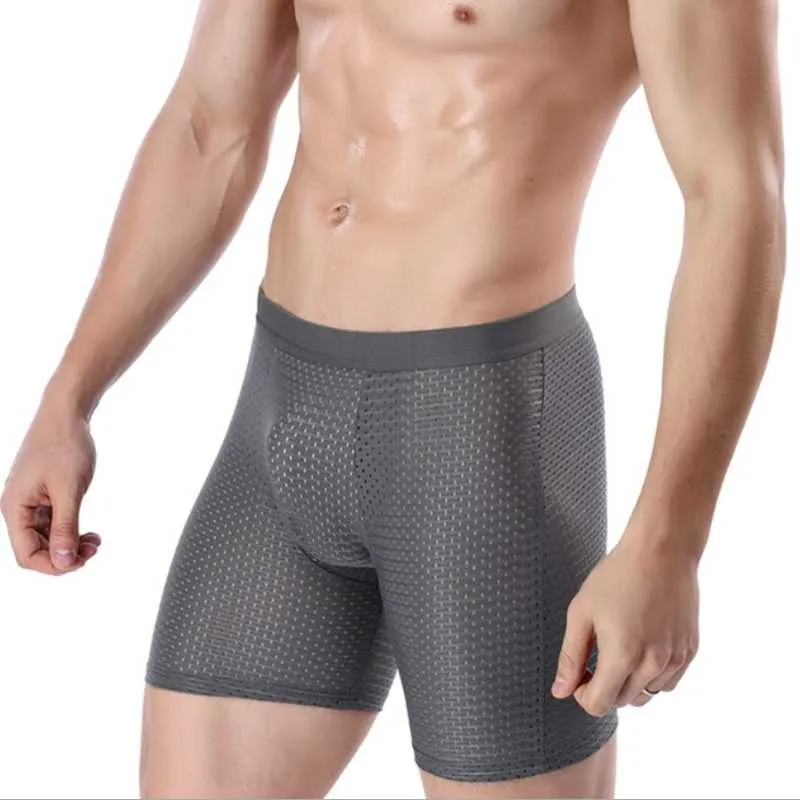 Underpants Men's Sports Underwear Long Ice Silk Mesh Sexy Breathable Boxer Briefs Running Wear-resistant PantsUnderpants