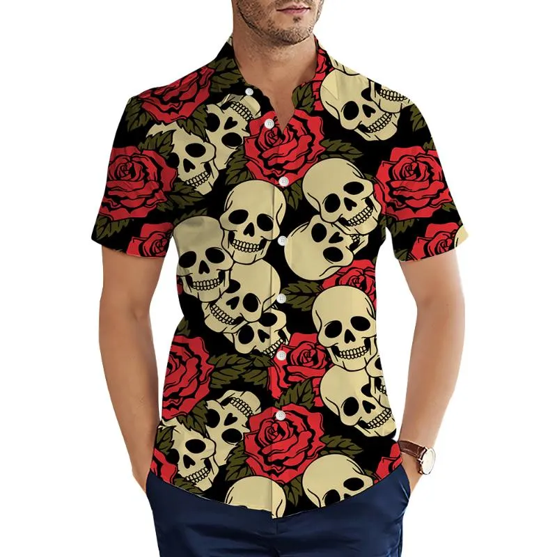 Męskie koszulki męskie hawajskie koszulę kwitnąca róża czaszka 3D graficzna graficzna letnia krótkie rękawie w szyku w szyku singiel