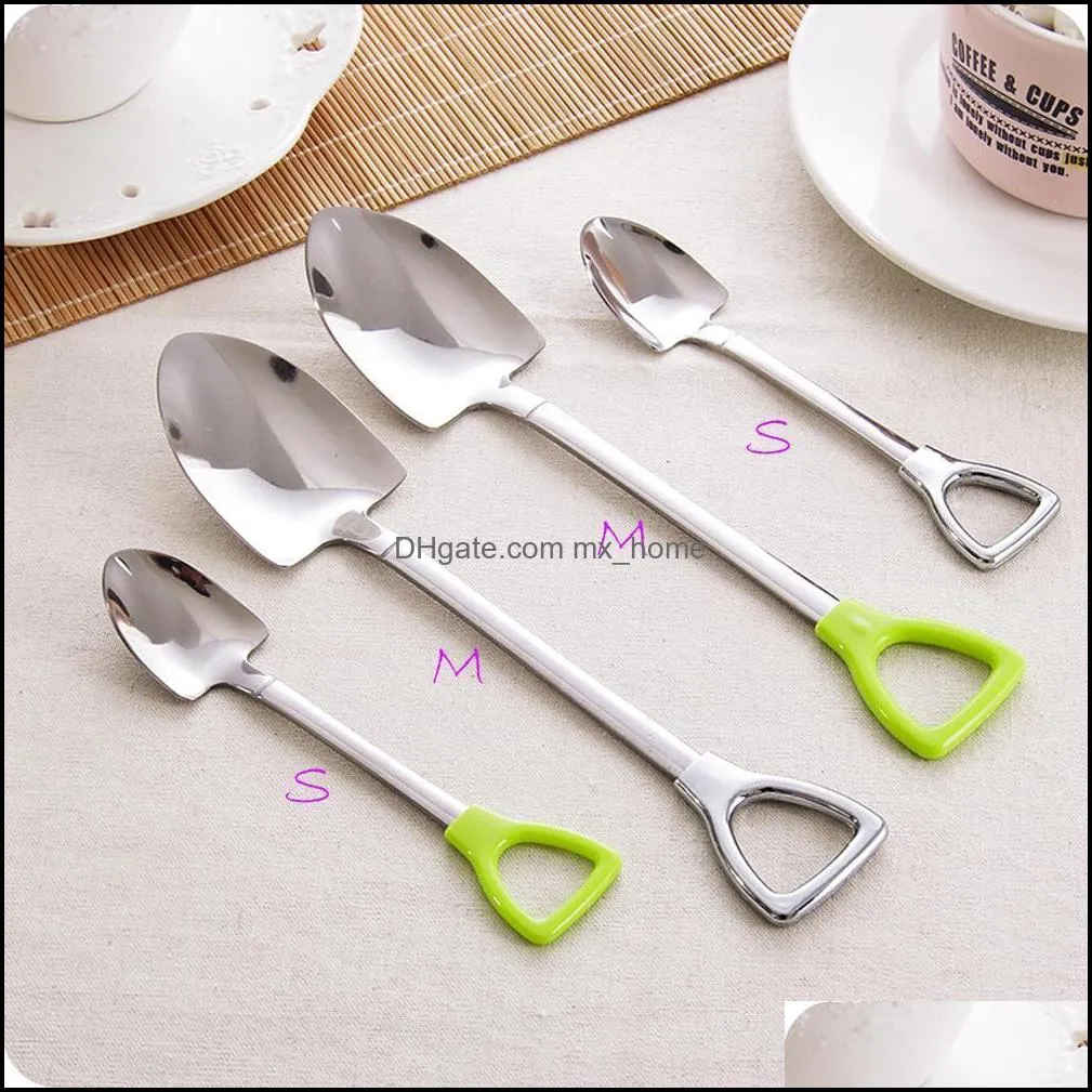 Wholesale- New Stainless Steel Spoon Size M L Shovel Shape Design Coffee Ice Cream Soup Spoon Long Handle Honey Teaspoons for Children