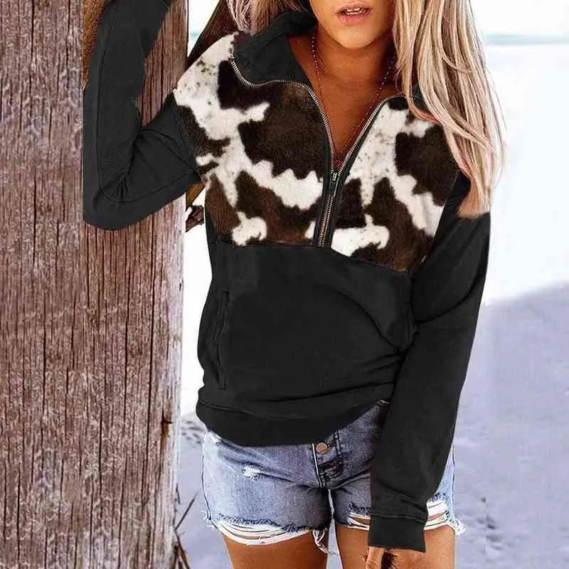 Spring Autumn Women's Sweatshirt Ko tryckt långärmad dragkedja Collar Pullover Sweatshirt toppar mode långärmad pullover topp l220706