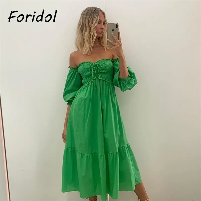 Foridol Off Shoulder Lantern Sleeve Green Solid Elegant Ladies Maxi Dress Summer Elastic A-line Dress Robe Drop Dress 220511