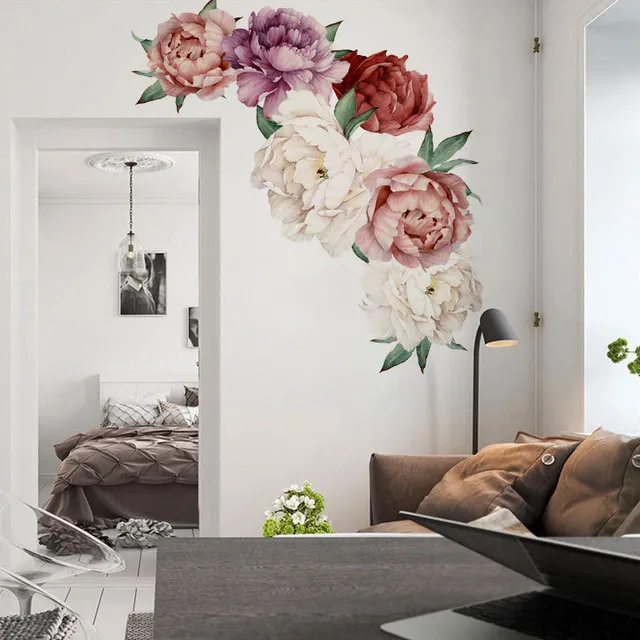 Pivoine Rose Fleurs Mur Art Autocollant Stickers Vinyle Autocollants Enfants Chambre Pépinière Décor À La Maison Papier Peint pour chambre