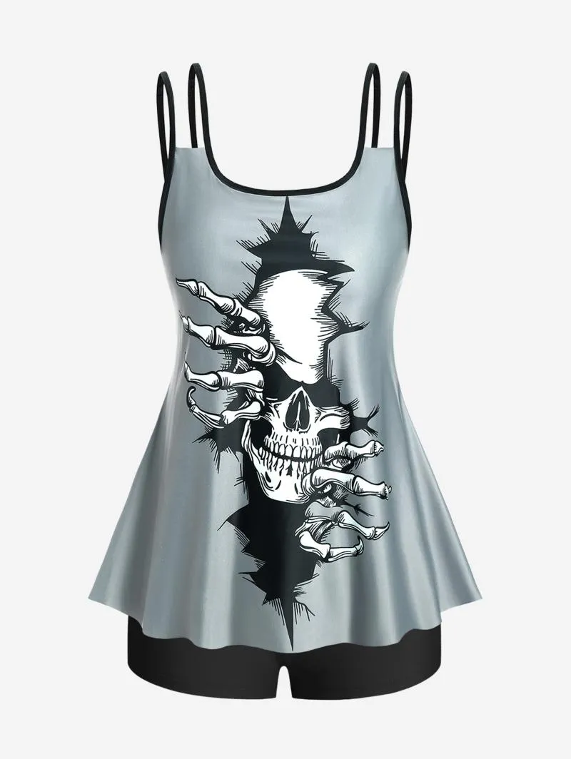 Womens Swimwear Gothic Skull Print Tankini Swimsuit Wire Free Padded