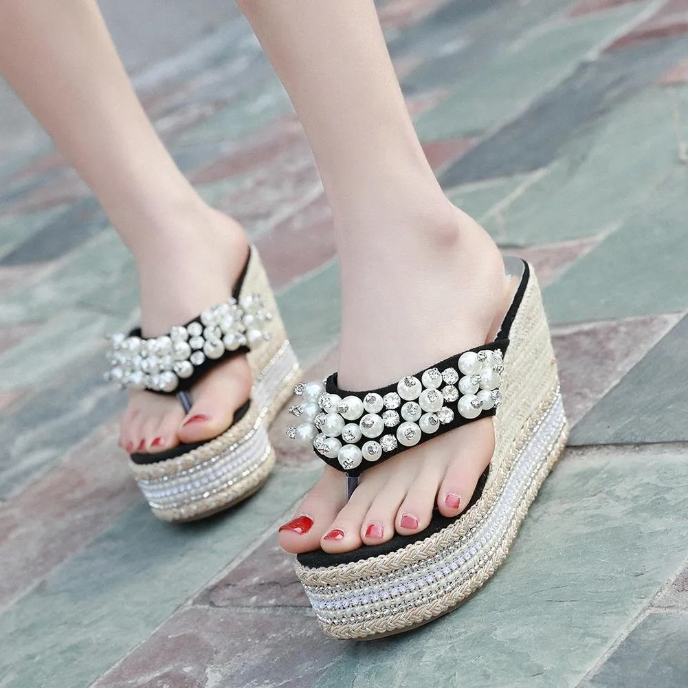 doratasia Sweet High Wedges Flip Flop Hot Brand Fashion Beading Slippers Platform Slippers Women Summer Holiday Casual Shoes Woman X4dJ#
