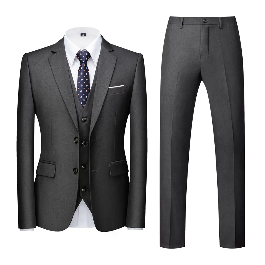 Laatste Jas Pant Designs Business Mannen Classic Pak Donkergrijs Formele Mannen Past Bruiloft Dragen Mannelijke Blazer Bruidegom Tuxedo 3 stuks