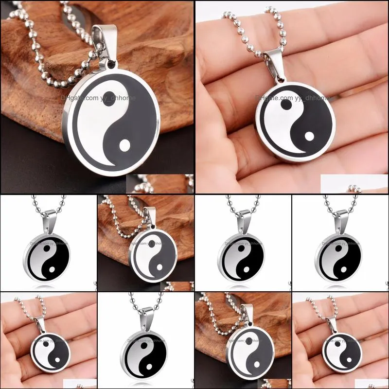 pendant necklaces religious chinese yin yang unisex stainless steel mens womens necklace yinyang ba gua black white enamel jewelry