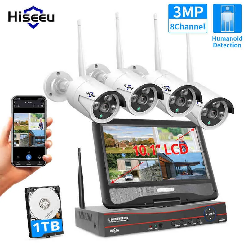 Hiseeu 3MP 8CH Drahtloses Kamera-CCTV-Kit 10,1-Zoll-LCD-Monitor 1536P Outdoor-Überwachungskamerasystem WIFI NVR-Kit AA220315