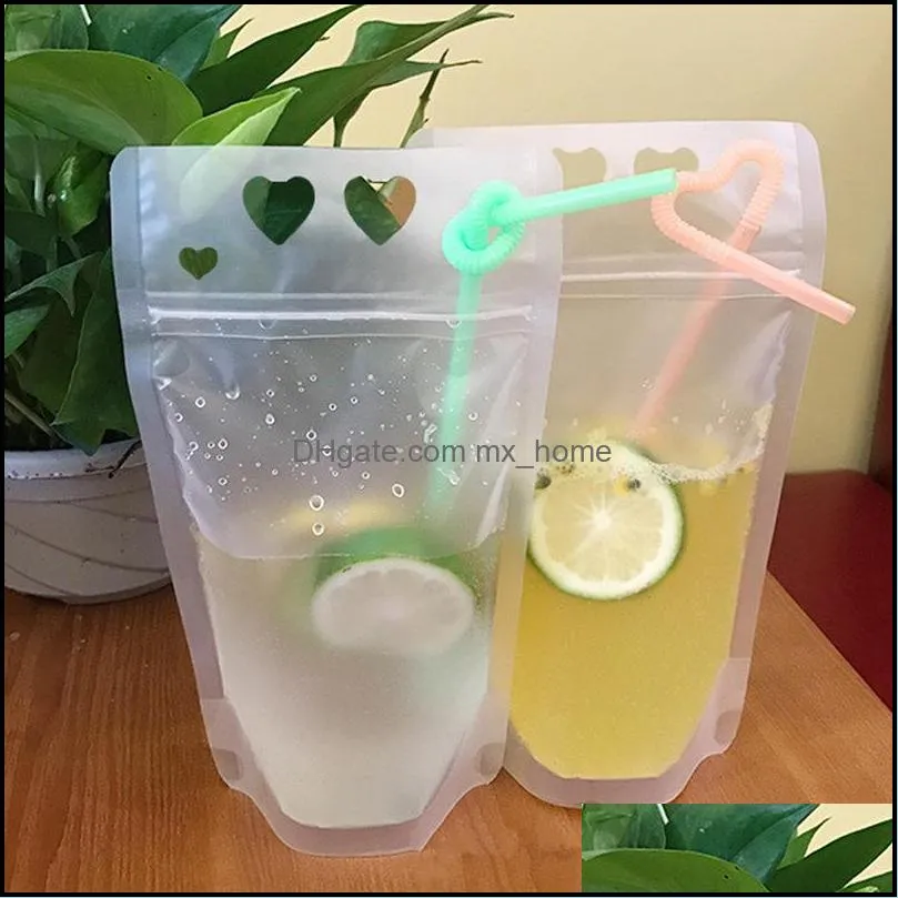 Disposable Drink Pouch Heart Shape Juice Beverage Milk Coffee Packaging Plastic Frosted with Handle and Holes for Straw Food Storage