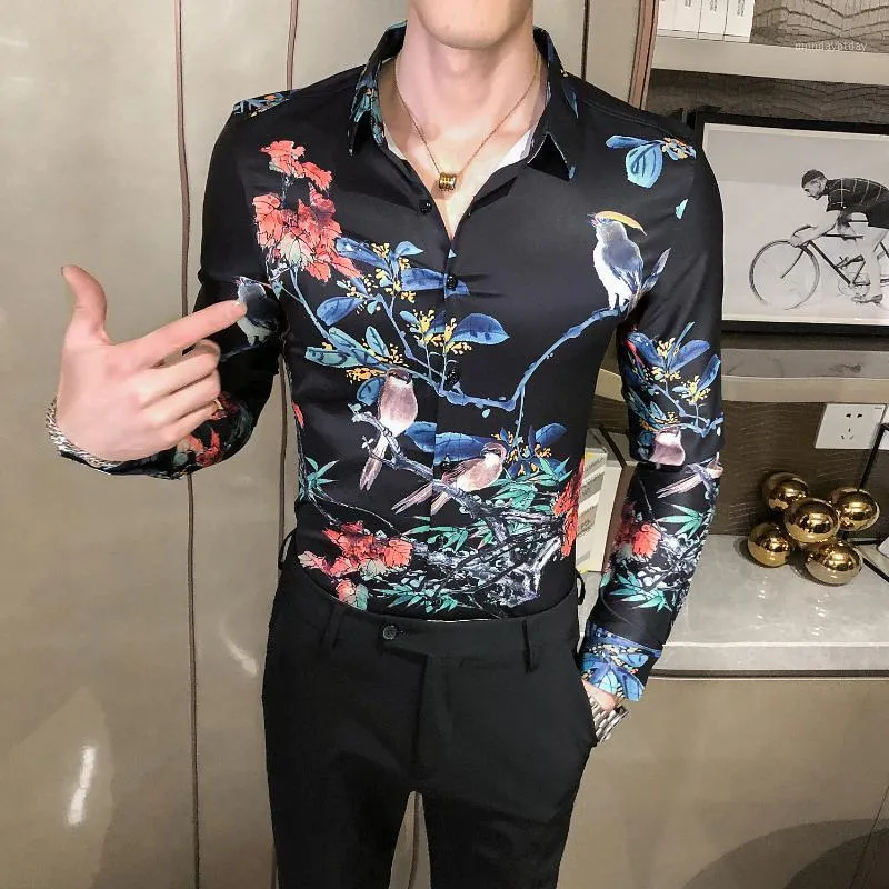 Casual Men Social Shirt Long Sleeve Night Club Camisas Para Hombre Luxury Flower Fashion Korean Slim Fi Floral ShirMen's Shirts Men's