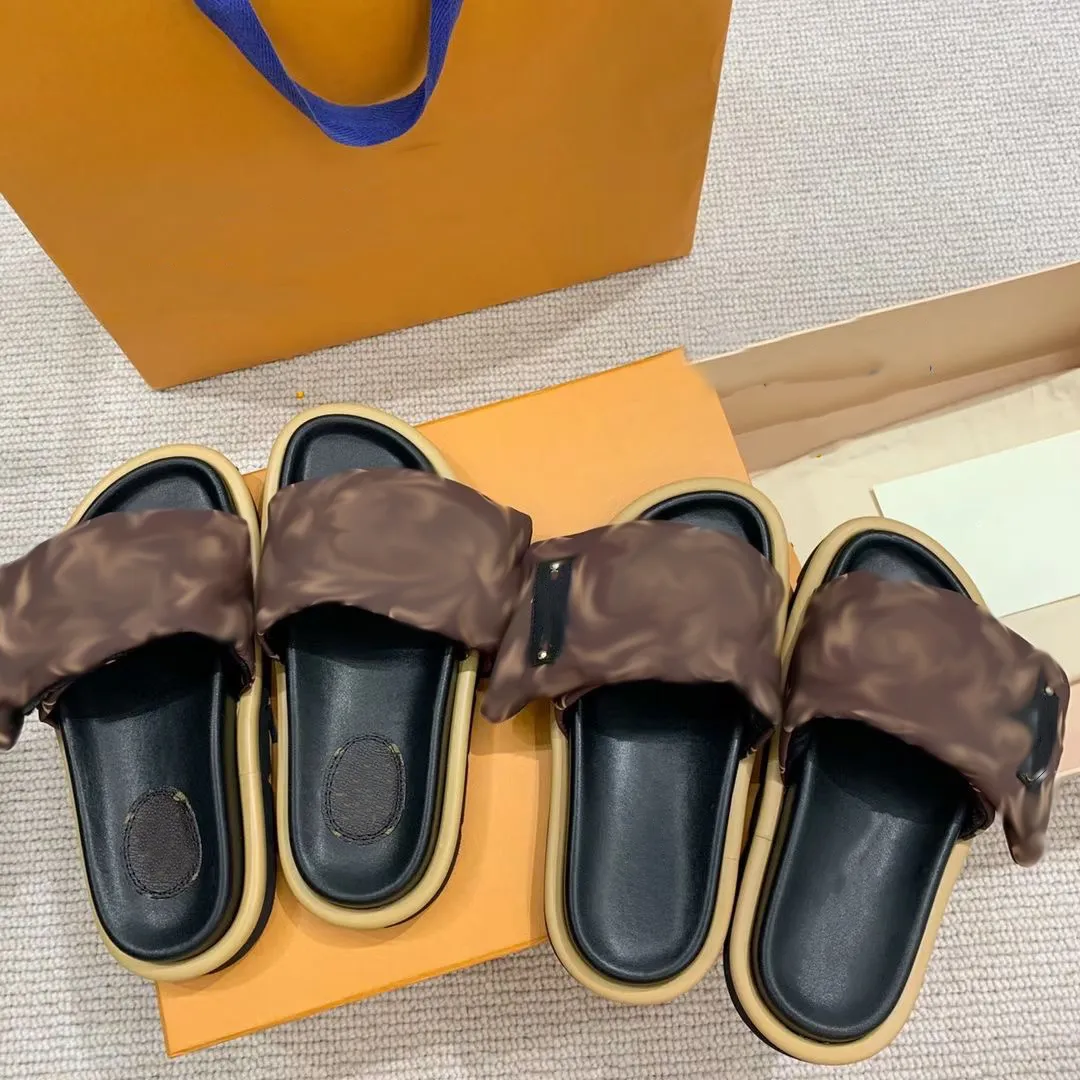 2022 Pool Pool Plade Bugle Women Sunset Sunset Comfort Bughes Pated Fride Strap Slippers Slippers Slies Easy to Wear 35-42 مع Box No356