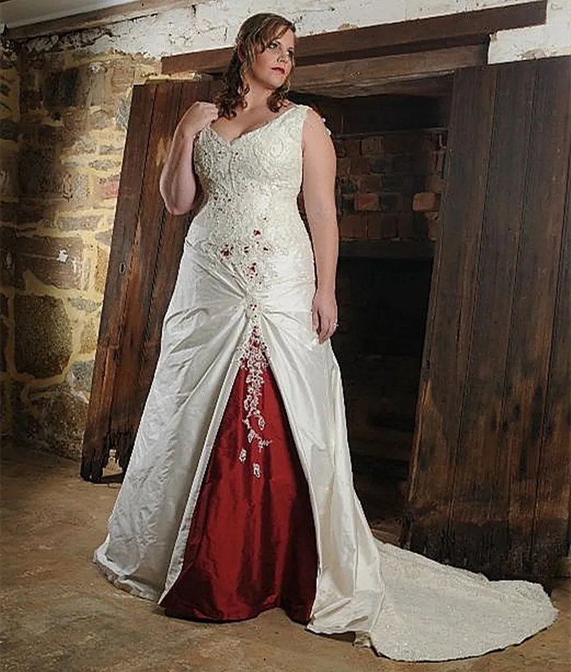 Abito da sposa vintage taglie forti A Line 2022 Abiti da sposa country avorio e rosso scuro senza maniche con scollo a V in pizzo con applicazioni sul retro Corsetto con lacci Abiti da sposa Corte dei treni Personalizzato