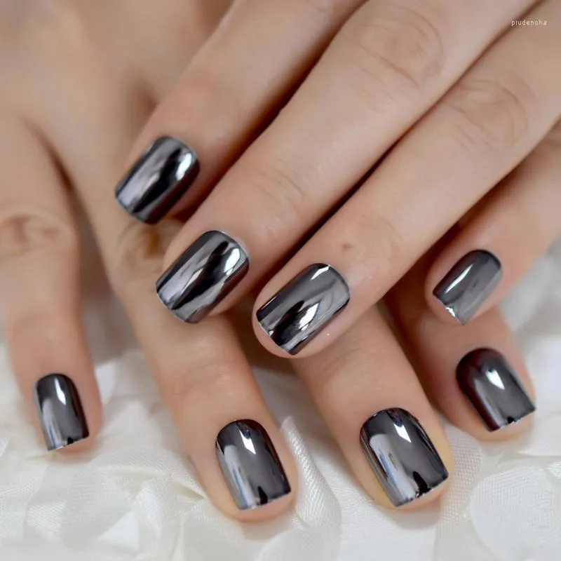 Valse nagels zwarte spiegel korte nep nagel ronde metallic coole volledige hoes tips donkere versierde kunstmatige 24 -stcs prud22