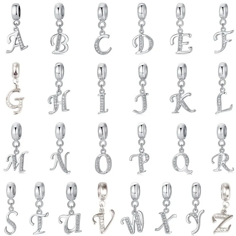 925 Plata Fit Pandora Charm 925 Pulsera A-Z 26 Cuentas de letras inglesas Conjunto de dijes de oro rosa Colgante DIY Joyería de cuentas finas