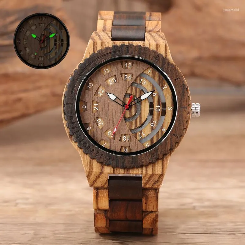 Polshorloges chique half holle horloge heren volledig hout prachtige houten kwarts wijzerplaat lichtgevende handen verjaardagscadeaus voor menwristwatches