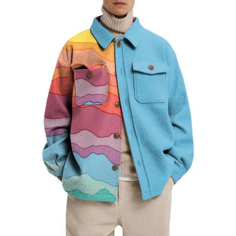 남성 재킷 남자 코트 가을 사람들을위한 독특한 패턴 턴 다운 칼라 모직 모직 모직 모직짜리 인쇄 재킷 겨울 복장