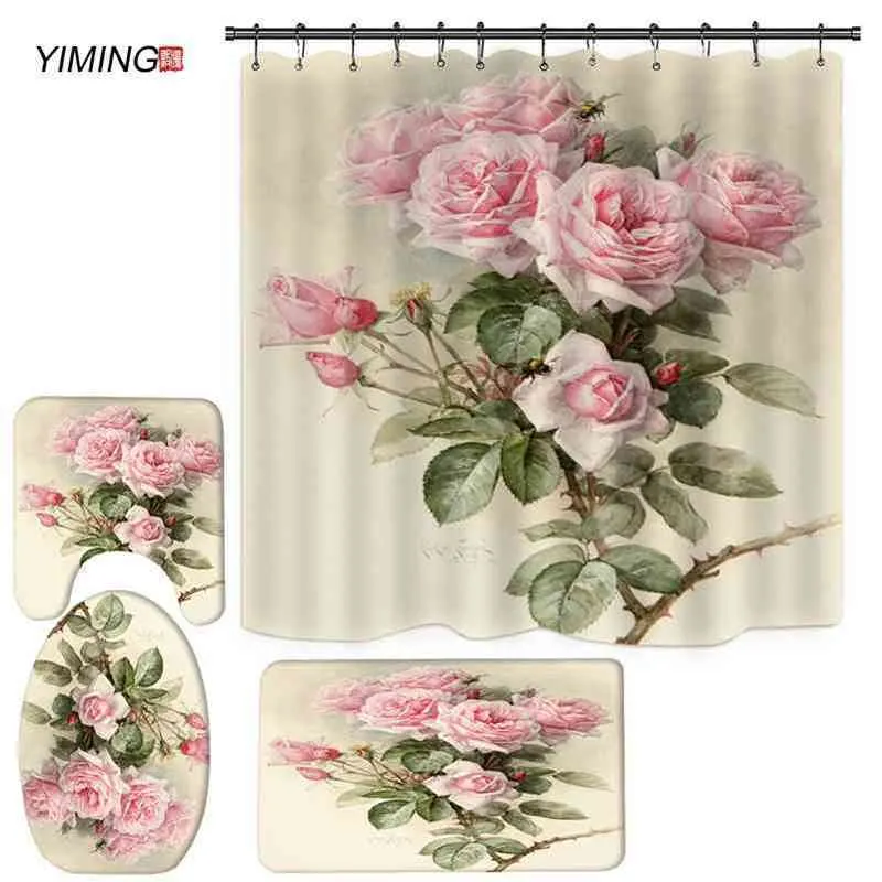 Yiming Fragrância floral impressão de banheiro conjunto de chuveiro Curta do banheiro capa do banheiro conjunto de chuveiro Cortina de chuveiro decoração 210402