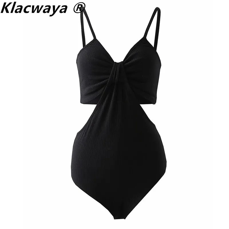 Kvinnor Sexig ihålig bodysuit topp Slim Spaghetti Strap V Neck Sleeveless Rompers Jumpsuit Fashion Summer Casual 210521