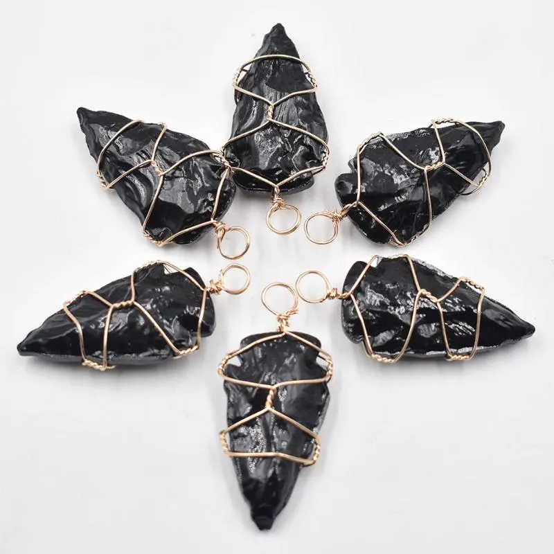 Pendant Necklaces Fashion Black Obsidian Stones Arrowhead Healing Point Natural Stone Pillar Pendants For Charm Necklace Accessories 6pcs