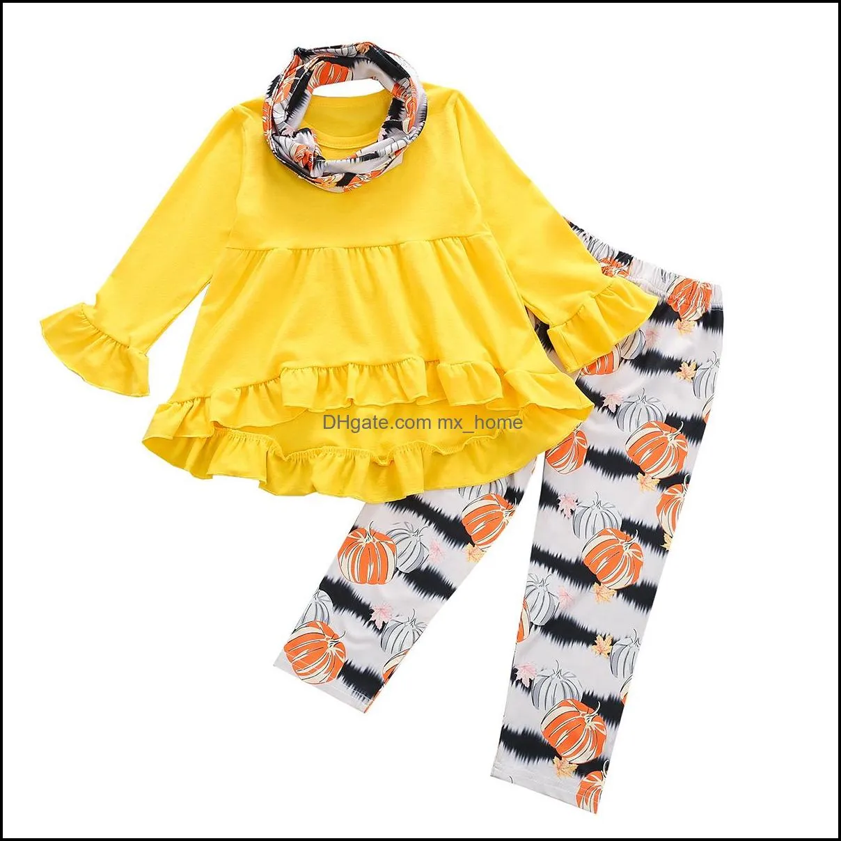 kids clothing sets girls halloween outfits children ruffle tops floral pumpkin print pants scarf 3pcs/set spring autumn fashion baby clothes