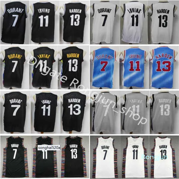 2021 Basketballerseys 13 Harden 7 Kevin 11 Kyrie Durant Irving Jersey topkwaliteit gestikte grijs grijs zwart witte cit truien