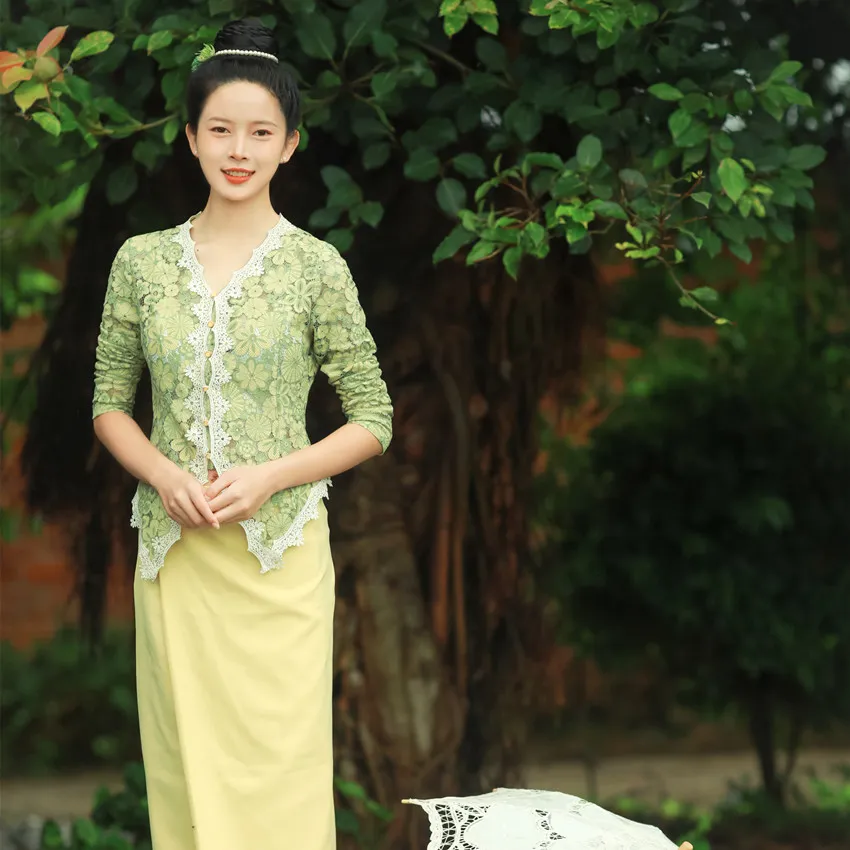 Singapur Tayland Malezya Nyonya Etnik Giyim Xishuangbanna Dai Kostüm Güney Doğu Asya Fotoğraf Ulusal Etnik Bluz Etek Takım