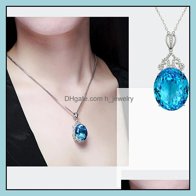 fashion highend large naked stone pendant sky blue topaz pendant necklace 18k white gold plated female color gemstone exquisite hjewelry