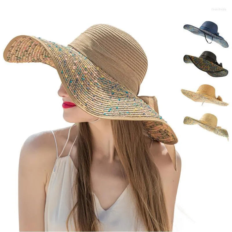 Cappelli a tesa larga Cappello da spiaggia in paglia da donna stile Boho con panno in tessuto anti-esposizione al sole Cappello pieghevole con fiocco in misto Wide Chur22