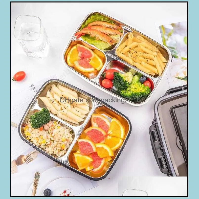 3 grid/4 grid bento box 304 stainless steel lunch box rice boxes with chopsticks spoon for student portable food containers pae10598