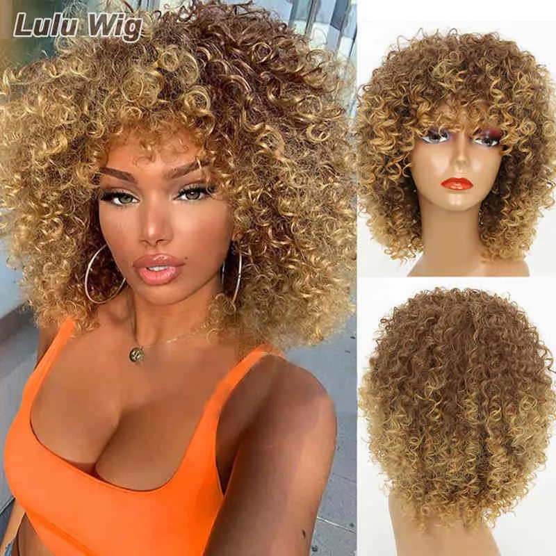 Parrucche sintetiche per capelli Cosplay Parrucche ricce bionde sintetiche corte per donne Parrucca afro crespa con frangia Capelli castano scuro per cosplay ad alta temperatura 220225