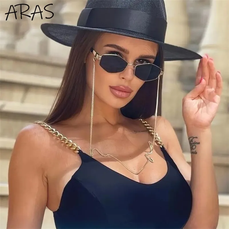 Hexágono retro de moda con cadena Sunglasse Gafas de sol de polígono único para gafas de marco pequeño femenino 220620