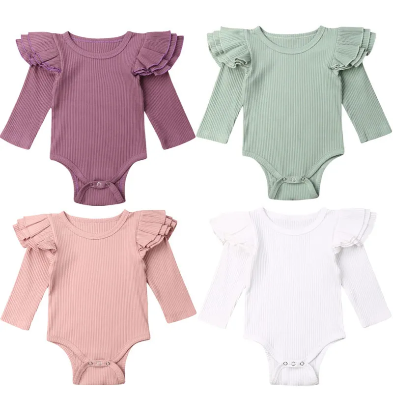 4Color Born Baby Girl Clothes Tops Långärmad solid ruffles Romper Sunsuit Outfit Set 220525