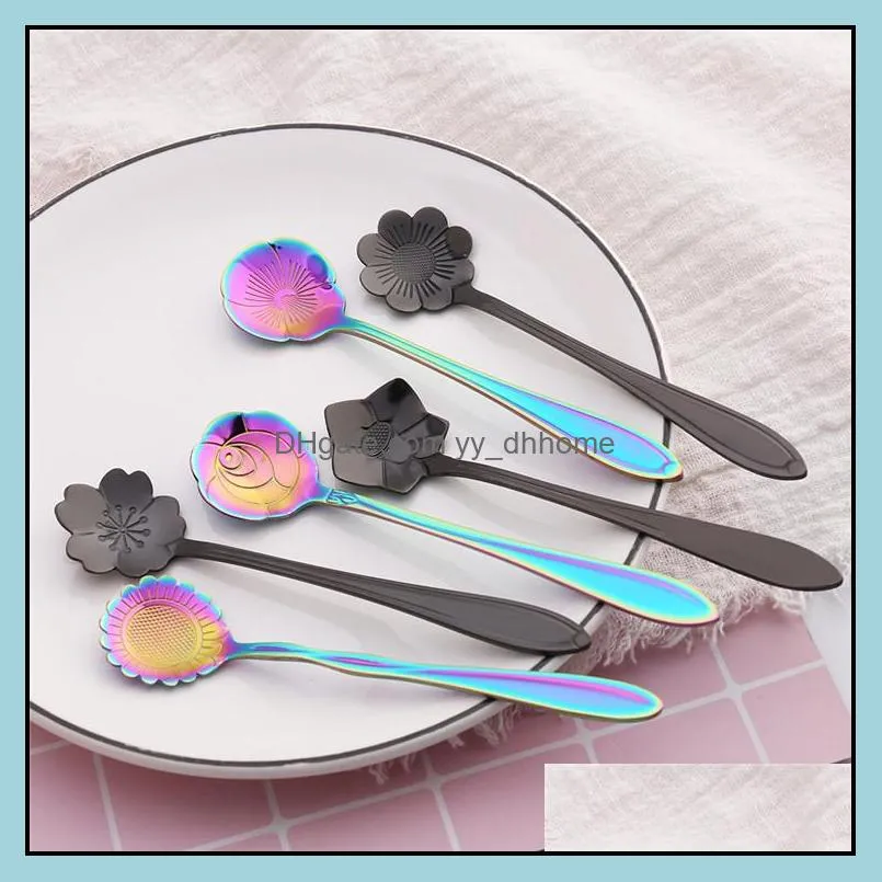 Spoons Flatware Kitchen Dining Bar Home Garden Black Rainbow Flower Dessert Coffee Stainless Steel Sugar Cutlery 8 Designs For Choosing D