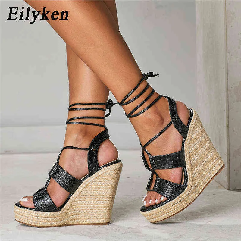 Sandals Eilyken Serpentine High Quality Solid Wedges Platform Sandals Peep Toe Lace Up Fashion Casual Women Sandals Size 35 42 220318