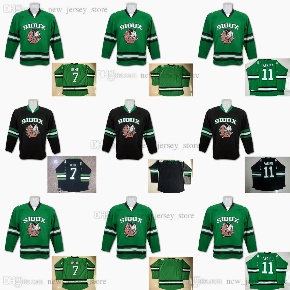 NCAA University Youth Sioux Hockey 11 Zach Parise Jersey Kids Stitched 7 TJ Oshie Embroidery Jerseys Высокое качество Зеленый Черный Белый Колледж