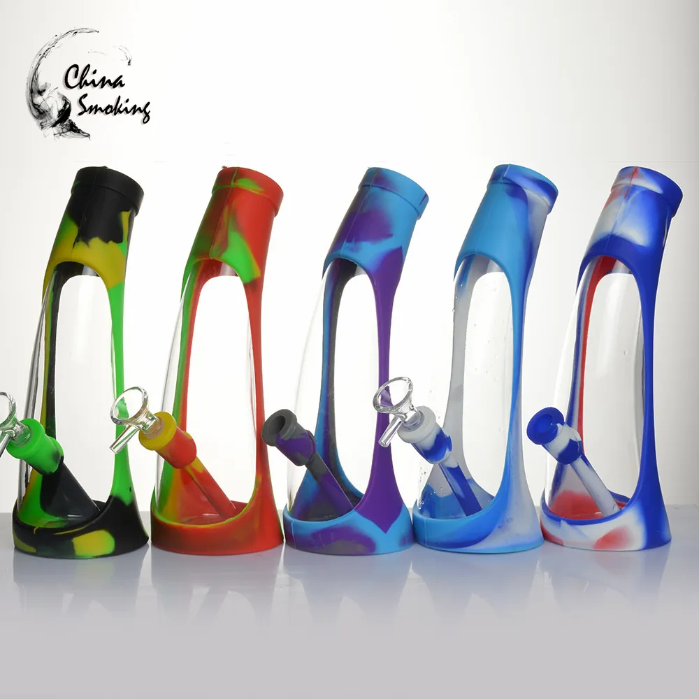 8.6" Silicone water pipe with glass bottle inside smoke Silicon Hand Pipes with transfer printing DHL