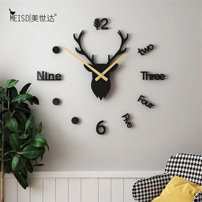 Deer Silent Acrilico Grandi numeri decorativi Orologio da parete fai-da-te Design moderno Soggiorno Decorazione natalizia per la casa Adesivi per orologi 210325
