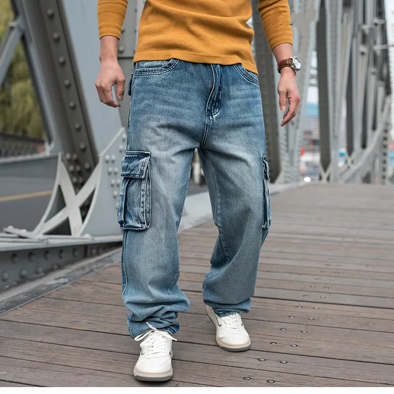 Fashion Tide Trousers Hip Hop Oversized Wide-leg Jeans Men Loose Skate Denim Pants Baggy Pockets Plus Size Light Blue Male Clthing Bottoms