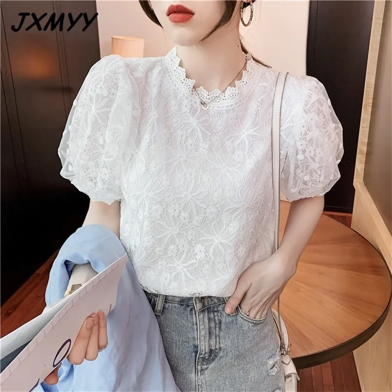 Summer Fashion Product French Retro Lace Mesh skarvad skjorta söt ålder reducerande kortärmad blus jxmyy 210412