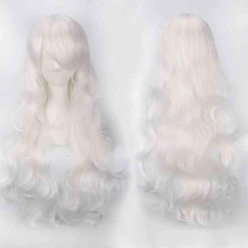 FGY 32 -calowe dama anime długie kręcone włosy z ukośnymi grzywką Cosplay Wysokiej jakości syntetyczna peruka czarna różowa czerwona 22 kolory tanie 220622