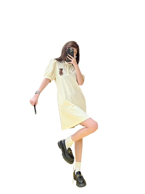 女性のデザイナードレス高品質の半袖カジュアルポロプリントドレスコットン刺繍パイナップルオックスフォード生地フィットカーキホワイトレッドSK