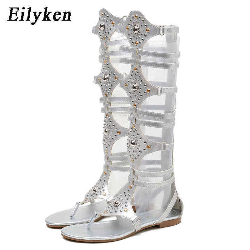 Sandali Eilyken Oro Donna Gladiatore Sandali romani Pu Pelle Open Toe Ginocchio alto Rivetto Sandali per il tempo libero Stivali piatti 220318