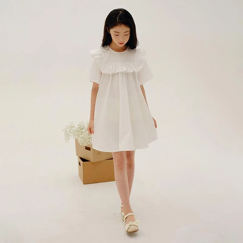 Flickans klänningar Girl Cotton Dress 2022 Summer Children Ruffled Collar Princess Elegant Kids Party Clothing White #6969Girl's