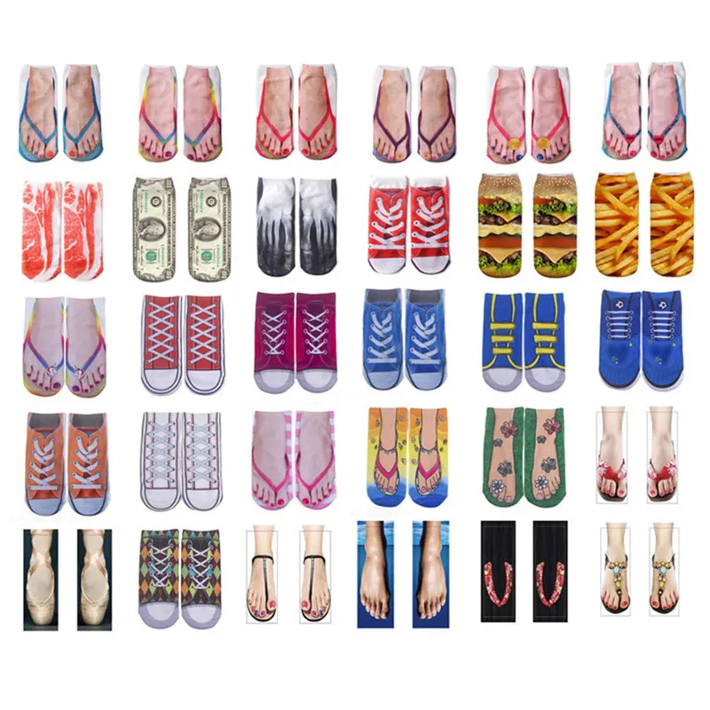 Funny 3D Flip Flops Printing Ankle Socks Kids Men Women Sock Slippers Sport Cotton Anklet Low Cut Sneakers Trainers Shoes Sandal Print Funny