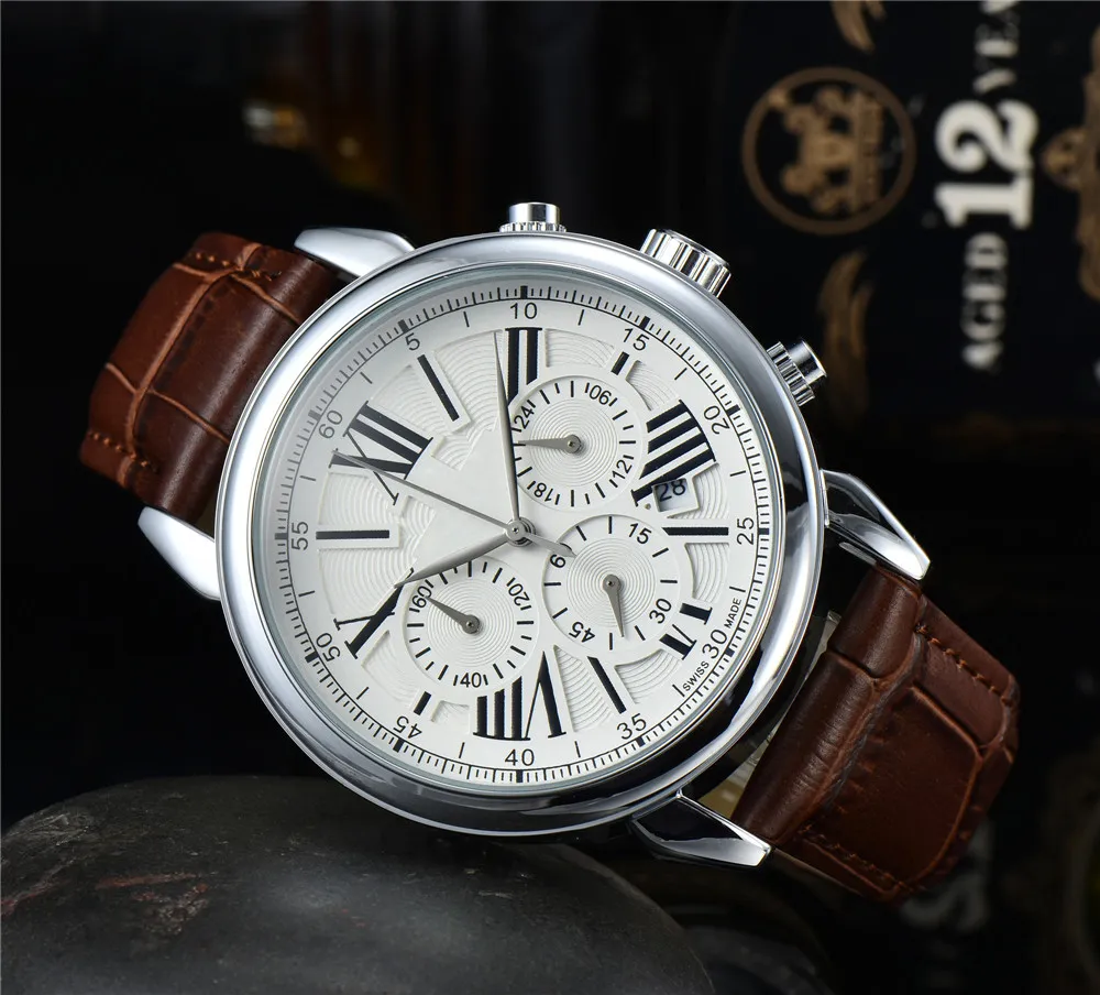 Luxury Mens Watches Leather Silver Case Multiple Time Zones Quartz Fashion Watch Relojes Hombre