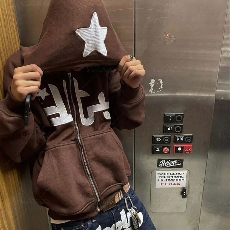 Gothic Rhinestone Punk Star Blue Zip Up Hoodie With Long Sleeves 