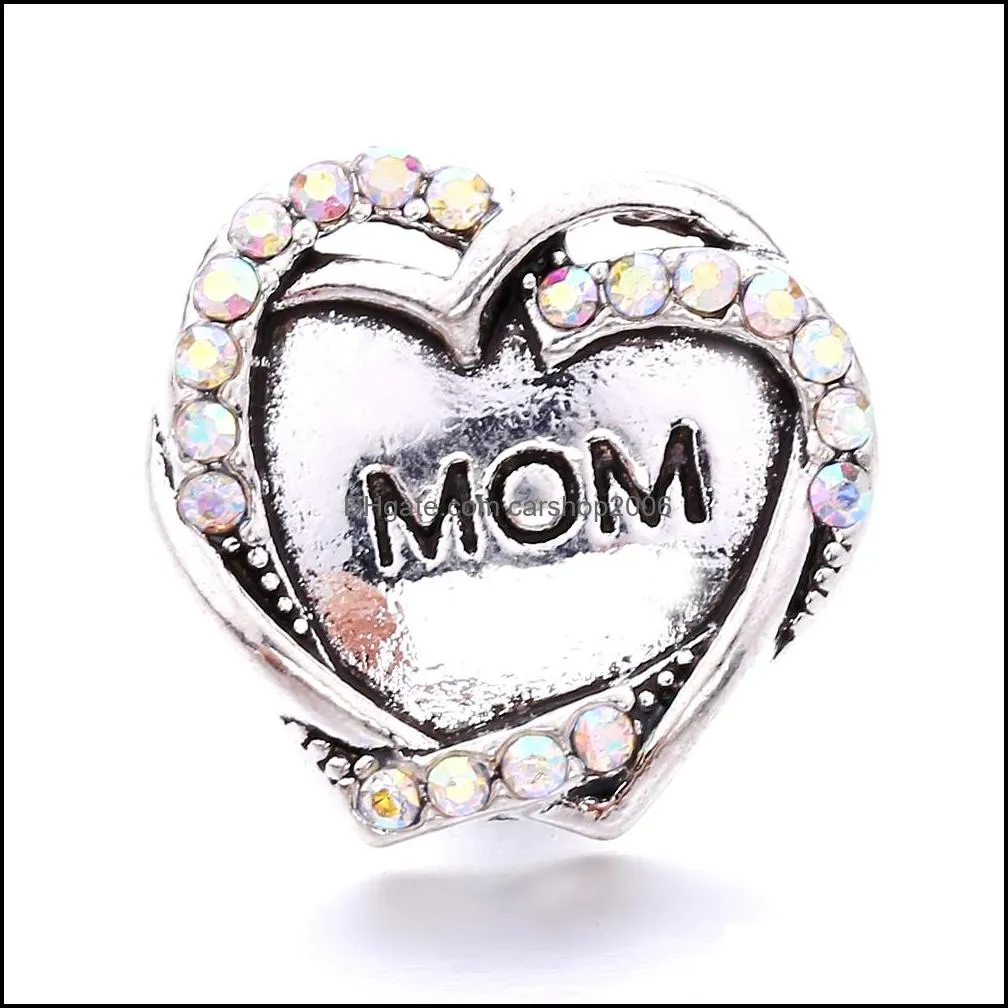 heart mom love rhinestone snap button charms women jewelry findings 18mm metal snaps buttons diy bracelet jewellery wholesale