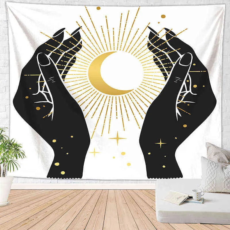 Hippie Black e Branco Tripppy Carpet Parede pendurada solar lua ouija astrologia boho mandala decoração de parede Índia Índia bruxaria tapiz j220804