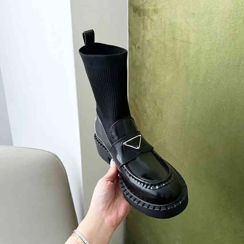 P family – chaussettes élastiques pour femmes, chaussures leofo à tête ronde et talon épais, en cuir, bottes courtes fines, nouvelle collection automne et hiver 2022