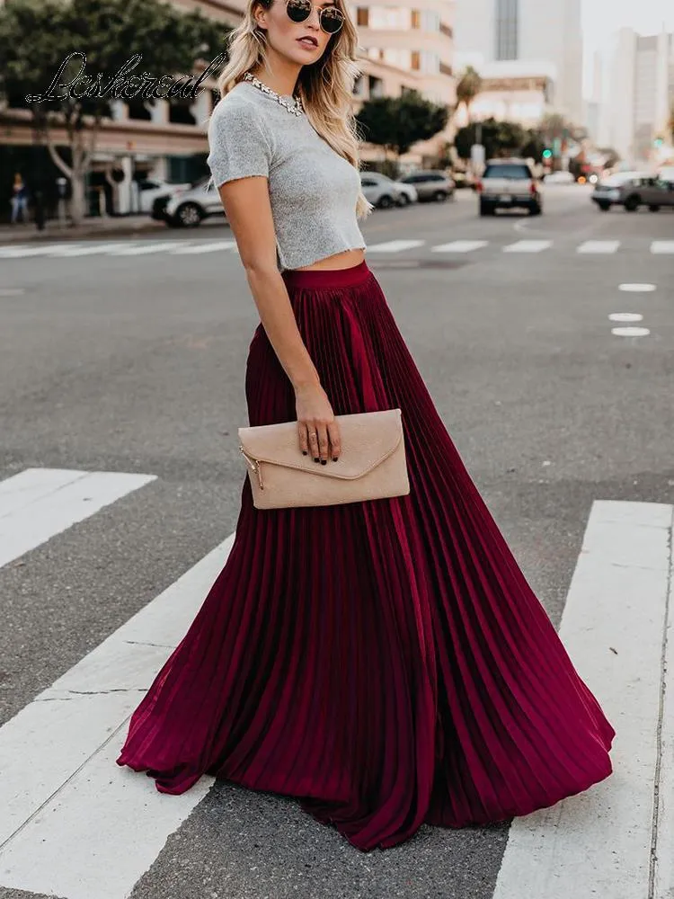 Skirts Fashion High Waist Elegant Vintage Long Skirt Women 2022 Spring Summer Big Hem Pleated Black Maxi Womens Jupe FemmeSkirts