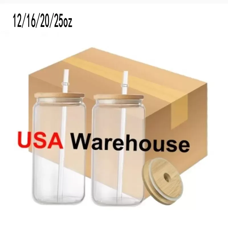 Warehouse locale USA 16oz Sublimation Mug Glass Creative Can Forma Bottle con coperchio e paglia Summer Drinkware Jar Jar Juice Cup